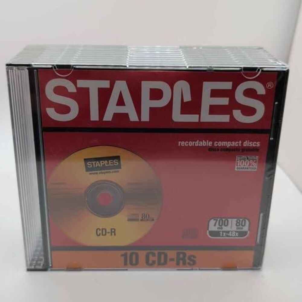 STAPLES CD-R Blank Discs 700MB 80 Min 1x-48x Slim Jewel Cases 10 Pack Brand New